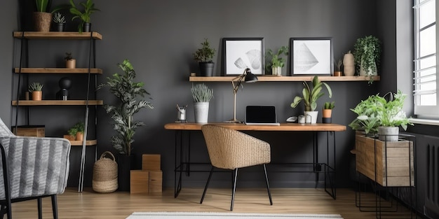 Wnętrze domowego biura z szarymi i drewnianymi roślinami doniczkowymi Generative AI AIG18