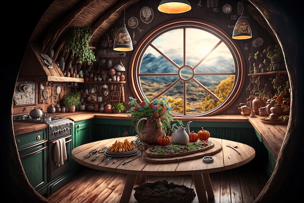 Wnętrze domu Hobbita jedzenie na stole wewnątrz fantastycznej drewnianej chaty generatywnej sztucznej inteligencji