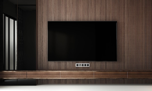 Zdjęcie wnętrze domu luksusowe nowoczesne drewniane wnętrze salonu telewizor lcd mock up rendering 3d