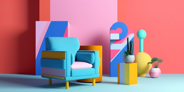 Wnętrze domu memphis kolorowy pokój sztuka fotel sofa geometryczny wzór skandynawski Generative AI