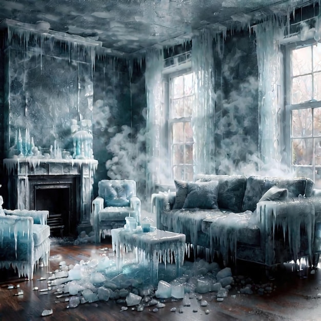 Wnętrze domu w salonie Ekstremalnie zimno, zima, zimno, zamrożone i pokryte lodem