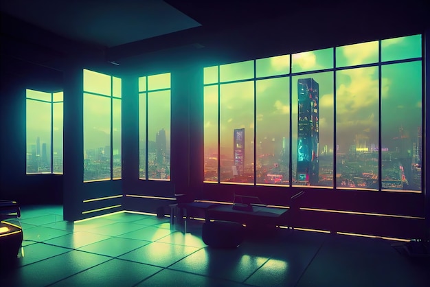 Wnętrze domu w stylu anime kontury z neonowym podświetleniem Widok z okna na cyberpunkowe miasto
