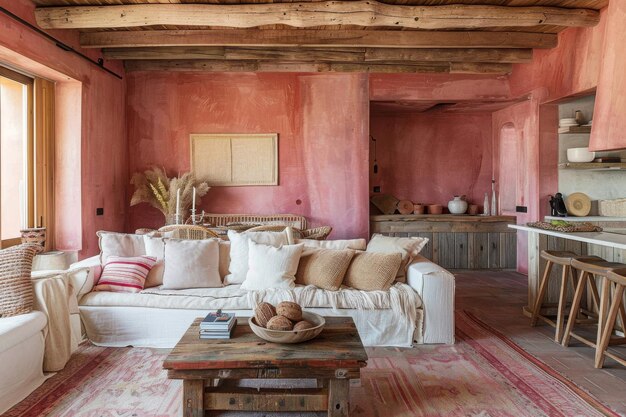 Wnętrze domu w stylu Millennial Pink Rustic i nowoczesny salon