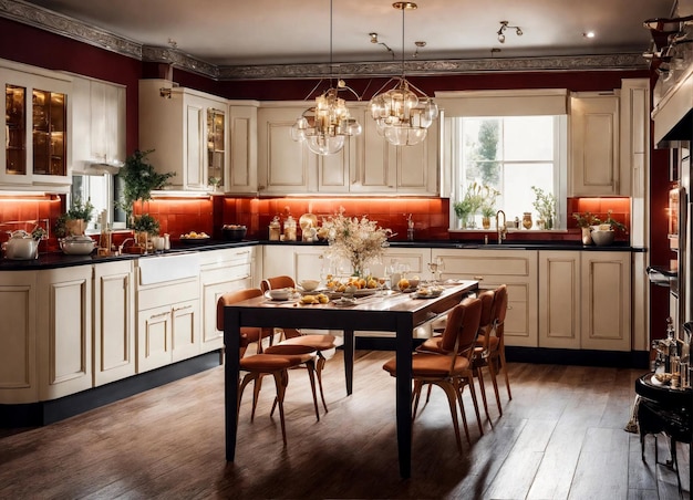 Zdjęcie wnętrze domu w stylu retro w kolorze białym kuchnia z meblami projektowymi serwowany stolik i eleganckie luksusowe akcesoria stylowy neutralny wystrój domowy koncepcja projektanta kopiuj przestrzeń tekstową reklamy