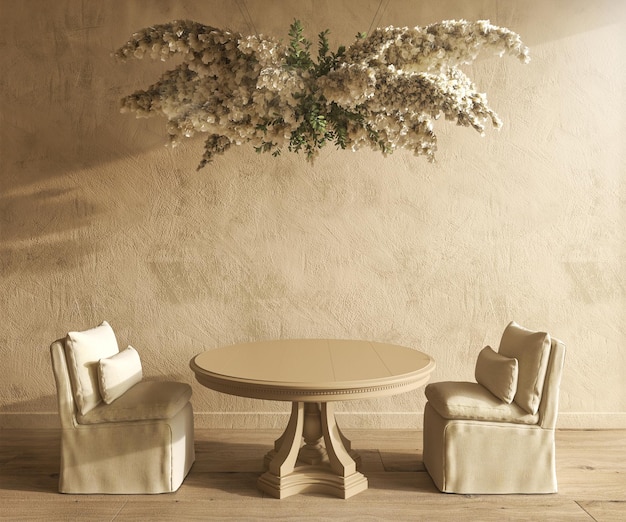 Wnętrze domu wiejskiego makieta ze stołem jadalnym i krzesłem z suchymi kwiatami ilustracja renderowania 3d