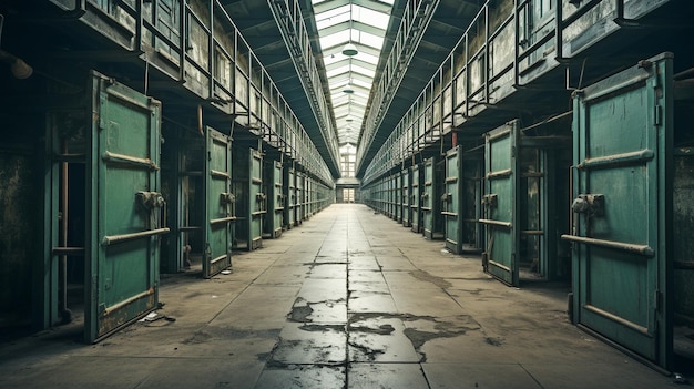 Wnętrze dwupiętrowego korytarza więzienia przemysłowego
