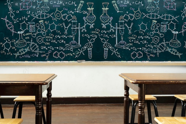 Zdjęcie wnętrze edukacji średniej ręczne rysowanie formuł chemicznych tło