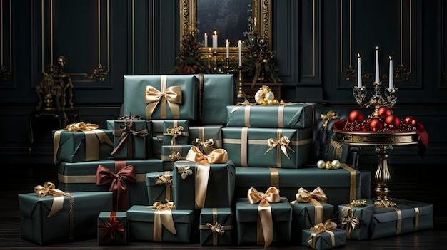 Wnętrze eleganckiego salonu ozdobionego choinką i świątecznymi prezentami