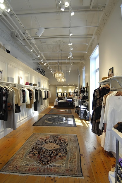 Zdjęcie wnętrze eleganckiego sklepu odzieżowego dla kobiet z białymi ścianami kontrastującymi z odcieniami molteni ściany przegrody i fuzją vintage modernizmu w jego projektowaniu