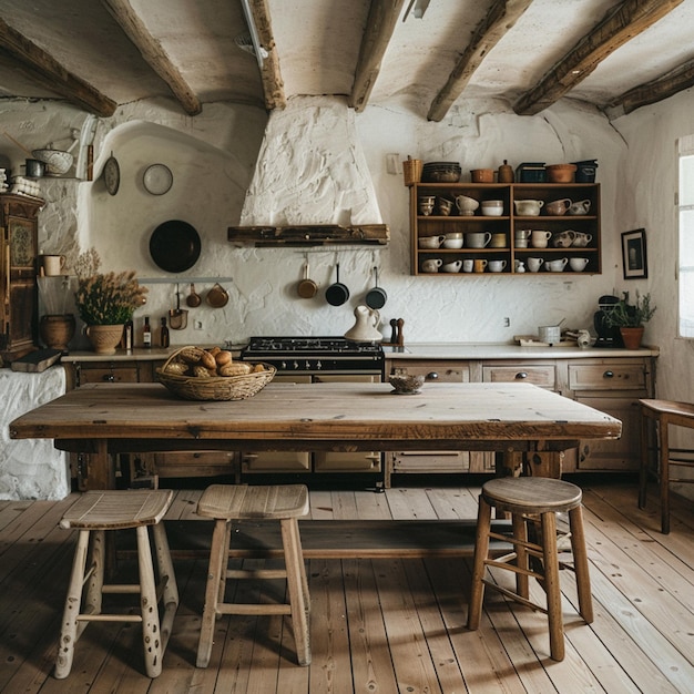 Zdjęcie wnętrze eleganckiej i vintage kuchni starego domu w wiosce