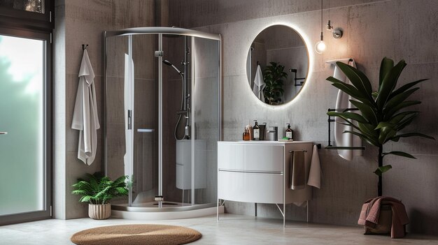 Wnętrze eleganckiej łazienki ze szklaną kabiną prysznicową i lustrem nad umywalką i doniczką Generative Ai