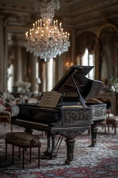 Wnętrze Francuskiego Inspirowanego Pokoju Muzycznego Z Fortepianem Crystal Chandeli Decor Art Concept Ideas