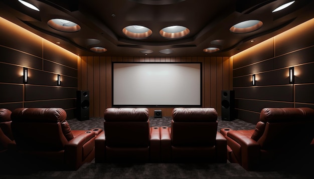 Wnętrze kina z czerwonymi skórzanymi fotelami i dużym ekranem plazmowym