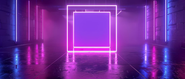 Zdjęcie wnętrze klubu nocnego światło neonowe abstrakcyjne ultrafioletowe tło pusta kwadratowa ramka świecące linie scena modna żywe kolory pusty pokój