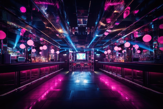 Wnętrze klubu nocnego z neonami renderowania 3D Wnętrze klubu nocnego z jasnymi światłami Klub nocny Udekorowany klub nocny ze stylowymi kanapami i kolorowymi koktajlami Wygenerowane przez AI