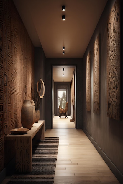 Wnętrze korytarza w stylu afrykańskim w luksusowym domu Treści generatywne AI