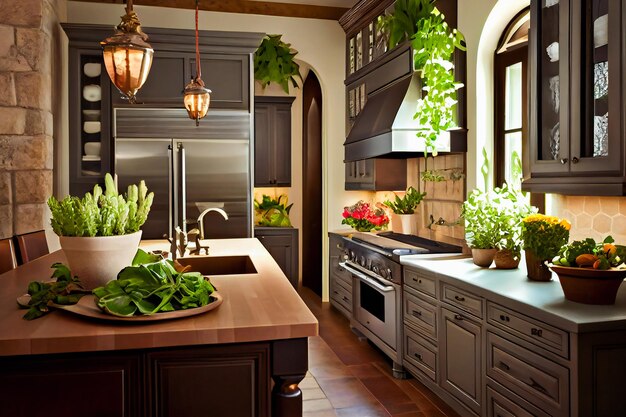 Zdjęcie wnętrze kuchni domowej z przyborami kuchennymi generative ai
