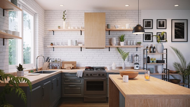 Wnętrze kuchni na białym tle ściany z cegły renderowania 3d