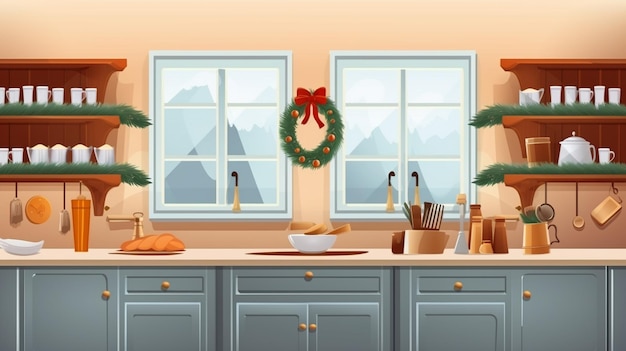 Zdjęcie wnętrze kuchni świątecznej z drewnianym blatem roboczym i naczyniami kuchennymi