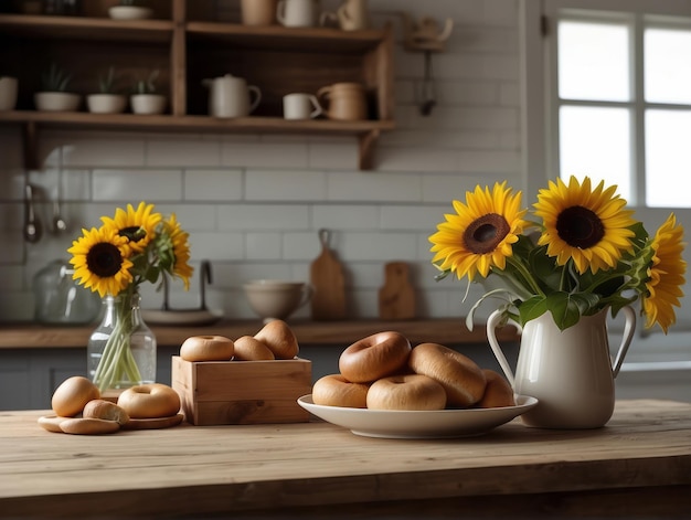 Wnętrze kuchni vintage z drewnianą torbą stołową z bułeczkami słoneczniki w wazonie