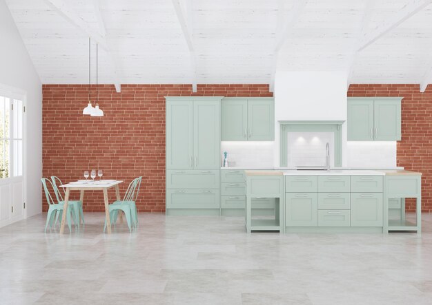 Wnętrze kuchni w prywatnym domu. Zielona kuchnia skandynawska. Renderowanie 3D.