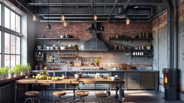 Wnętrze kuchni w stylu przemysłowym kuchnia mieszkanie w stylu industrialnym Generative Ai
