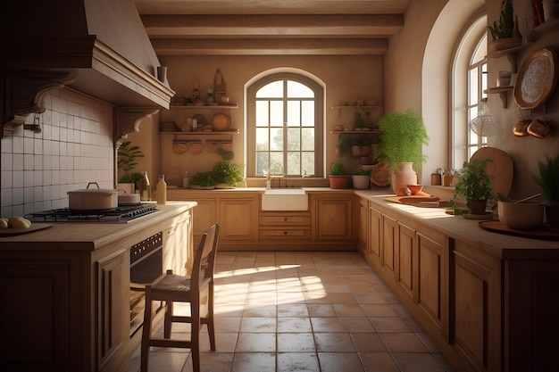Wnętrze kuchni w stylu śródziemnomorskim z tradycyjnymi drewnianymi meblami