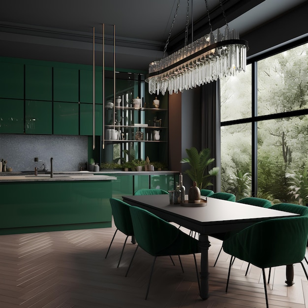Wnętrze kuchni w zielonych kolorach w nowoczesnym domu