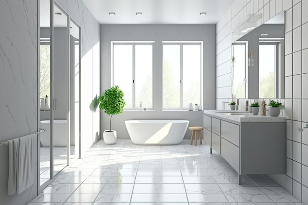 Wnętrze łazienki z białymi i szarymi płytkami białe ściany i podłogi podwójna umywalka z oknem