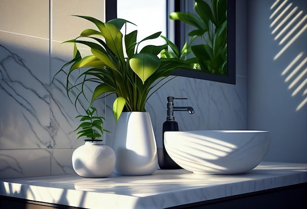 Wnętrze łazienki z okrągłym lustrem na białej ścianie ceramiczna umywalka na drewnianym blacie i zielonych roślinach AI Generated