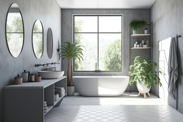 Wnętrze łazienki z szarymi płytkami, prysznicem, białą wanną i umywalką na drewnianej półce