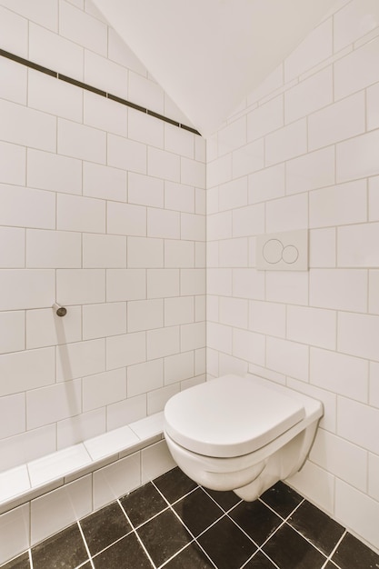 Wnętrze łazienki z WC białe kafelki na ścianach i czarne na podłodze w nowoczesnym domu