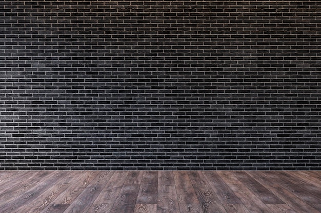 Wnętrze loftu z pustą czarną ceglaną ścianą i drewnianą podłogą