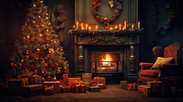 Wnętrze luksusowego klasycznego salonu z wystrojem świątecznym Płonące girlandy kominkowe i płonące świece Eleganckie pudełka na prezenty na choinkę Koncepcja obchodów Świąt Bożego Narodzenia i Nowego Roku