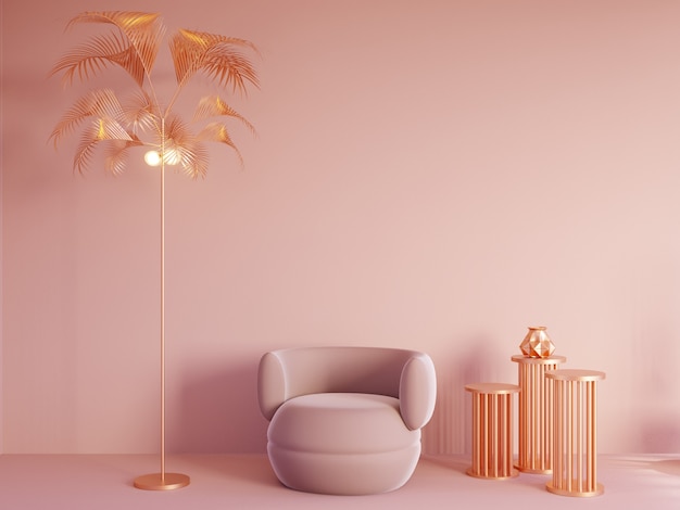 Wnętrze makiety w różowo-złotym kolorze złota palma i kaktus