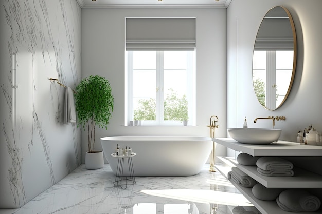 Wnętrze marmurowej łazienki z drewnianą podłogą, białą wanną i wieszakiem na ręczniki makieta
