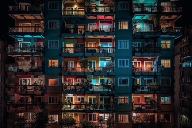 Wnętrze mieszkania w nocy z wieloma balkonami w stylu kolorowych postaci