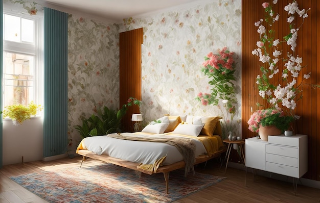 wnętrze mieszkania w stylu art nouveau i biała ściana z drewna w tle z kwiatami na całej ścianie