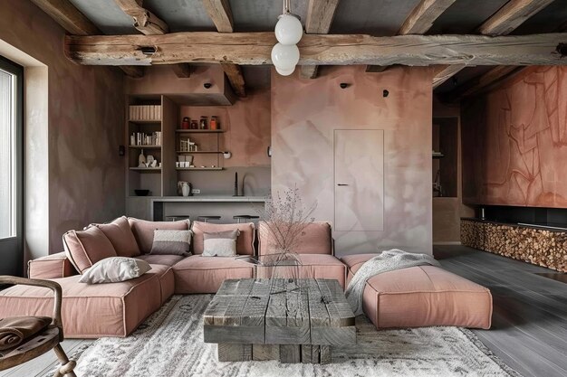 Wnętrze mieszkania w stylu Millennial Pink Rustic i nowoczesny salon
