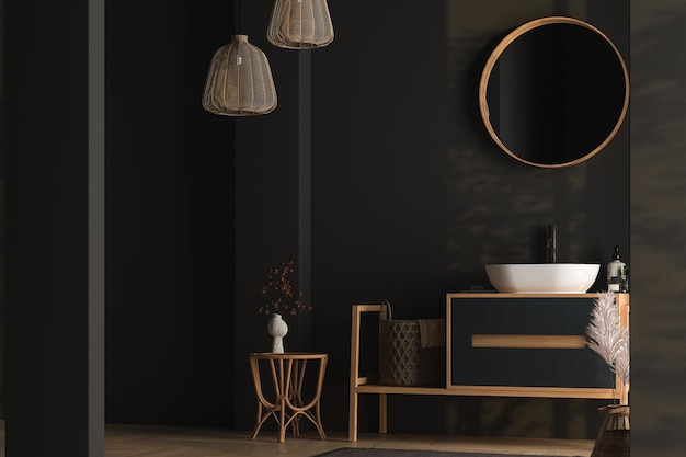 Wnętrze minimalistycznej ciemnej łazienki z czarnymi ścianami, drewnianą podłogą, suchymi roślinami, łukami, białą umywalką