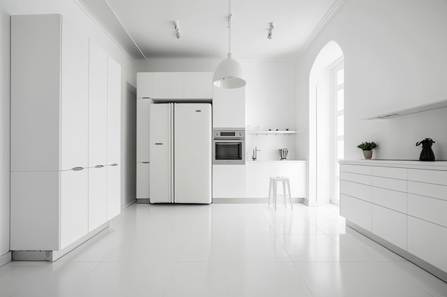 Wnętrze minimalistycznej kuchni z białymi ścianami Ilustracja AI Generative