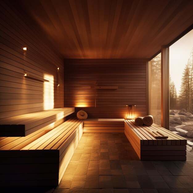 Wnętrze minimalistycznej sauny na drewno