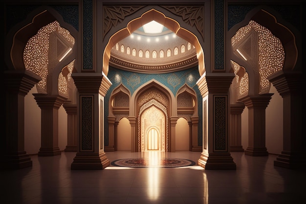 Wnętrze muzułmańskiego meczetu w tradycyjnym kolorowym stylu z arabskimi ozdobami generowanymi przez AI