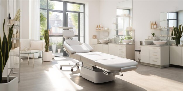 Zdjęcie wnętrze nowoczesnego jasnego salonu piękności z łóżkiem leczniczym