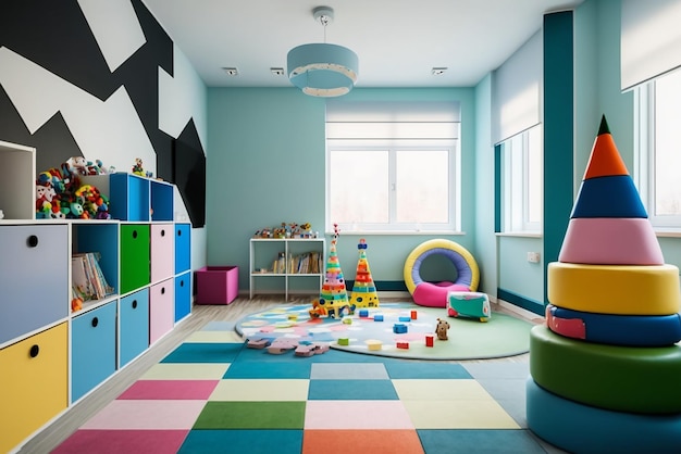 Wnętrze nowoczesnego pokoju dziecięcego z stylowymi meblami i zabawkami Pokój zabaw dla dzieci Pokój sypialny dla dzieci Chata zabaw dla dziecka namiot i zabawki