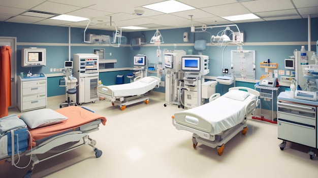 Wnętrze nowoczesnego pokoju szpitalnego z łóżkiem i sprzętem rendering 3d