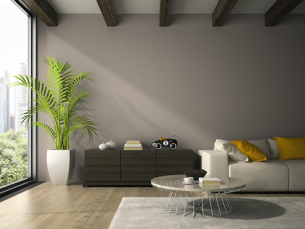 Wnętrze nowoczesnego pokoju z białą kanapą renderowania 3D