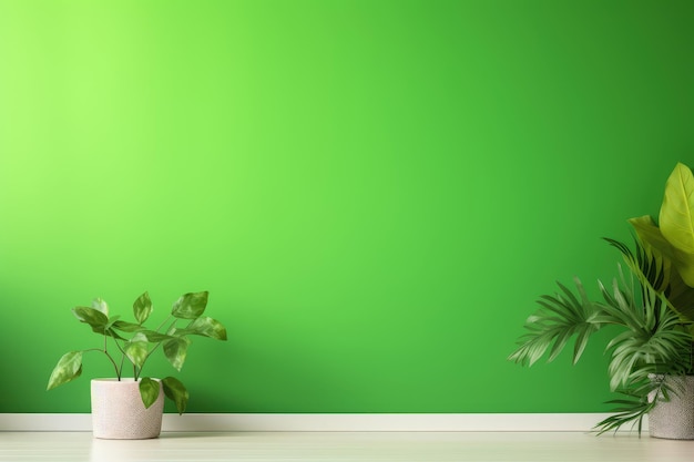 Wnętrze nowoczesnego pokoju z zieloną ścianą i roślinami