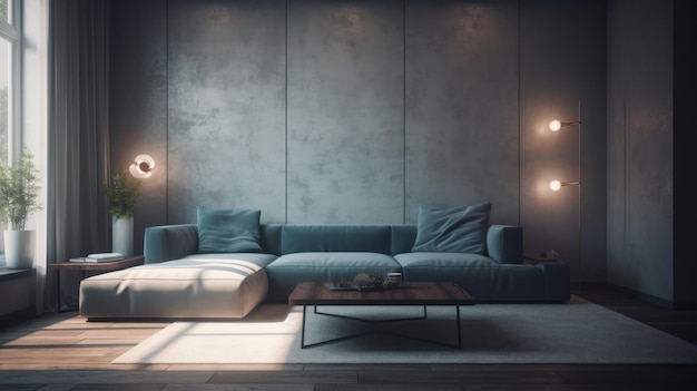 Wnętrze nowoczesnego przytulnego salonu stylowa narożna sofa z poduszkami stoliki kawowe rośliny w doniczkach flo