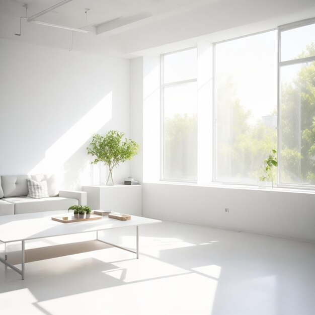 Wnętrze nowoczesnego pustego pokoju z białymi ścianami, betonową podłogą, drewnianym stolikiem i oknem.